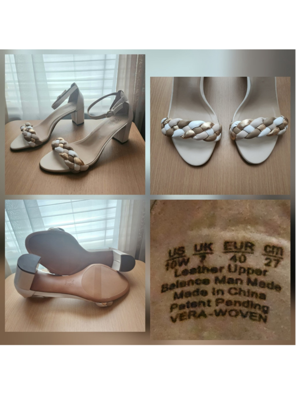 Naturalizer LEATHER Braided Strappy Block Heel Sandals 10 WIDE Beige White Gold - Picture 13 of 15